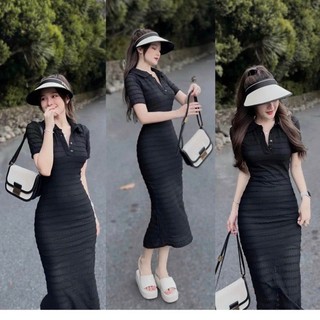 Váy đầm nữ ôm body, đầm thun len ren trơn màu cổ bẻ tay ngắn dáng dài đuôi cá đi chơi, dao phố sang chảnh dx