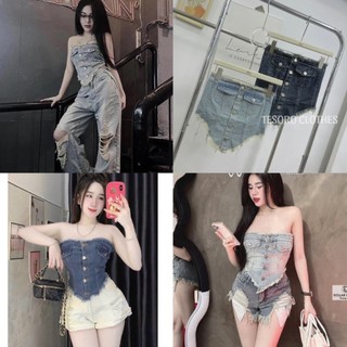 Áo ống peplum tua rua phối nút 2 túi nắp giả lưng có thun co dãn 2 màu xanh đậm, xanh nhạt 38-53kg 