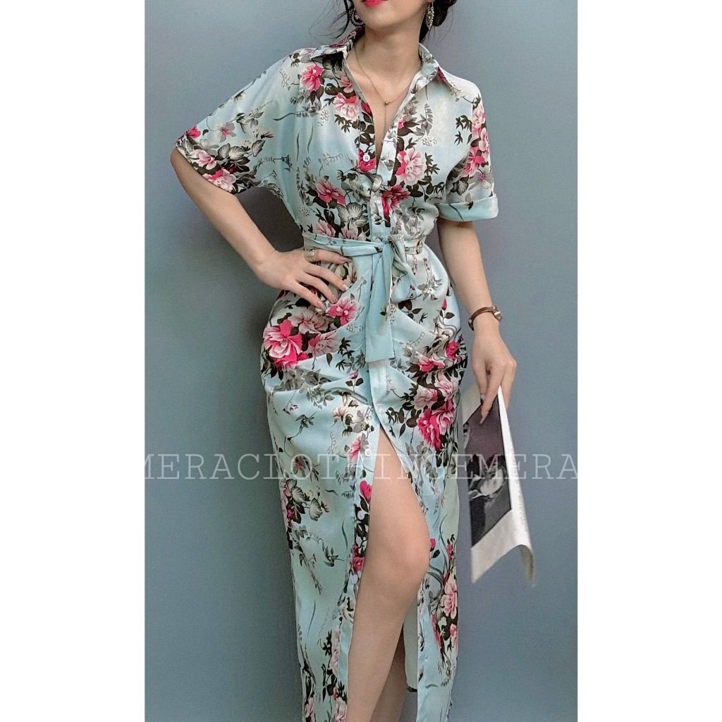 Váy Clover Dress xanh trời - váy lụa dáng dài họa tiết hoa cổ sơ mi tay cánh dơi thiết kế thanh lịch
