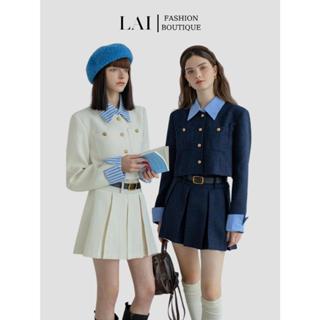 Set Áo Khoác Dạ Tweed Dài Tay Cổ Sơ Mi Kèm Chân Váy Xếp Ly Set Áo Váy Mùa Đông 2 Lớp Phong Cách