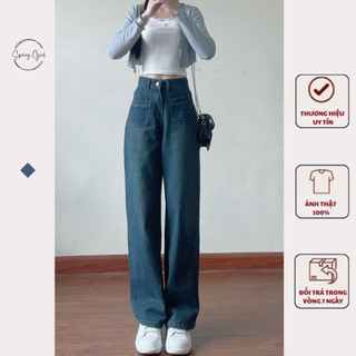 Quần jeans nữ cạp cao túi hộp ngang SPRING ống đứng tôn dáng chất đẹp 9668/P10K6