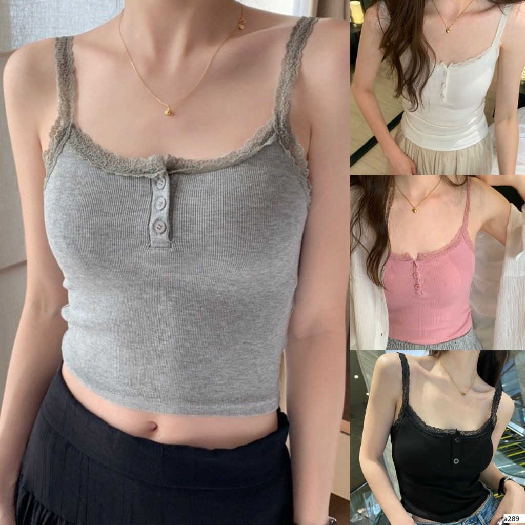 BARE_ Áo Hai Dây Phối Ren Nút Khoá Form Ôm Body Có Mút dáng basic chất thun gân tăm dày dặn-A289 | BigBuy360 - bigbuy360.vn