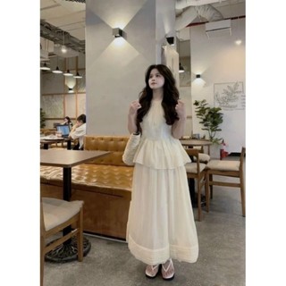 Set áo peplum eo nhún bèo chân váy midi