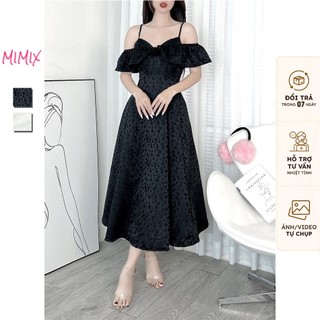 Đầm Gấm Midi MIMIX In Hoa 2 Dây Phối Bèo Vai 3 Màu Tiểu Thư Đi Tiệc DW0255
