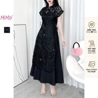 Set 2 món mimix áo dài chất ren ép 3d cách tân kèm đầm 2 dây chất chéo lụa dw9280