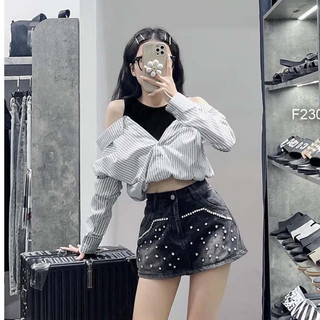 Áo kiểu sơ mi phối thun hở vai! tombi shop