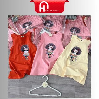 Set 3 váy sát nách họa tiết bé gái tóc xù chất cotton cho bé - HNOrderChina