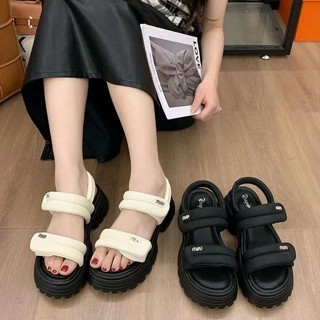 Dép sandal nữ 2 quai ngang phồng miu miu đế bánh mì cao 5cm hack dáng chống trượt