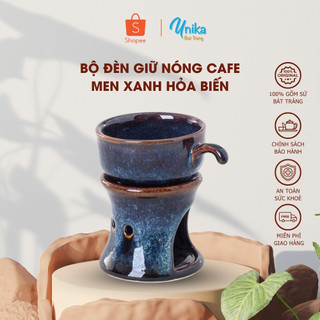 Bộ Đèn Giữ nóng Cà Phê - Bộ Đèn Đốt Tinh Dầu Men Xanh Hoả Biến - Bộ cafe nóng -  Gốm Sứ Unika Bát Tràng