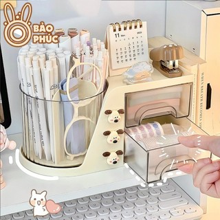 Kệ đựng dụng cụ học tập - Tủ đựng phụ kiện và mỹ phẩm kèm hộp xay trong suốt có chân kèm sticker cún con dễ thương