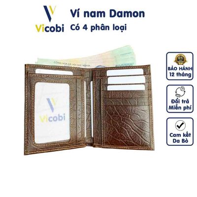 Ví đứng nam da bò Damon Vicobi N2, bóp tiền đựng thẻ và cả giấy tờ cũ lẫn mới