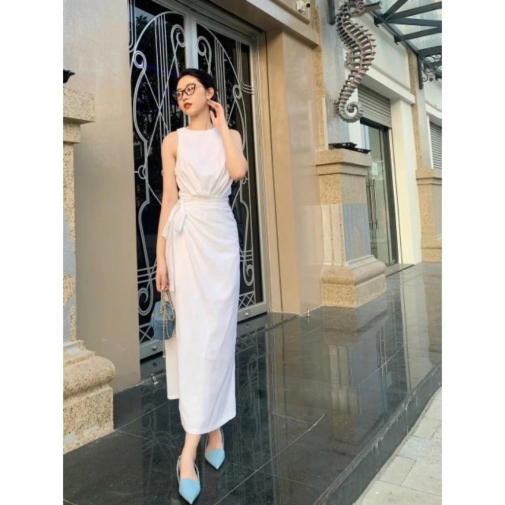 Đầm midi buộc eo đắp tà