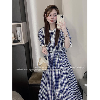 Váy đầm nữ maxi kẻ xanh phối tay ren chít eo - váy kẻ xanh phối ren dáng dài