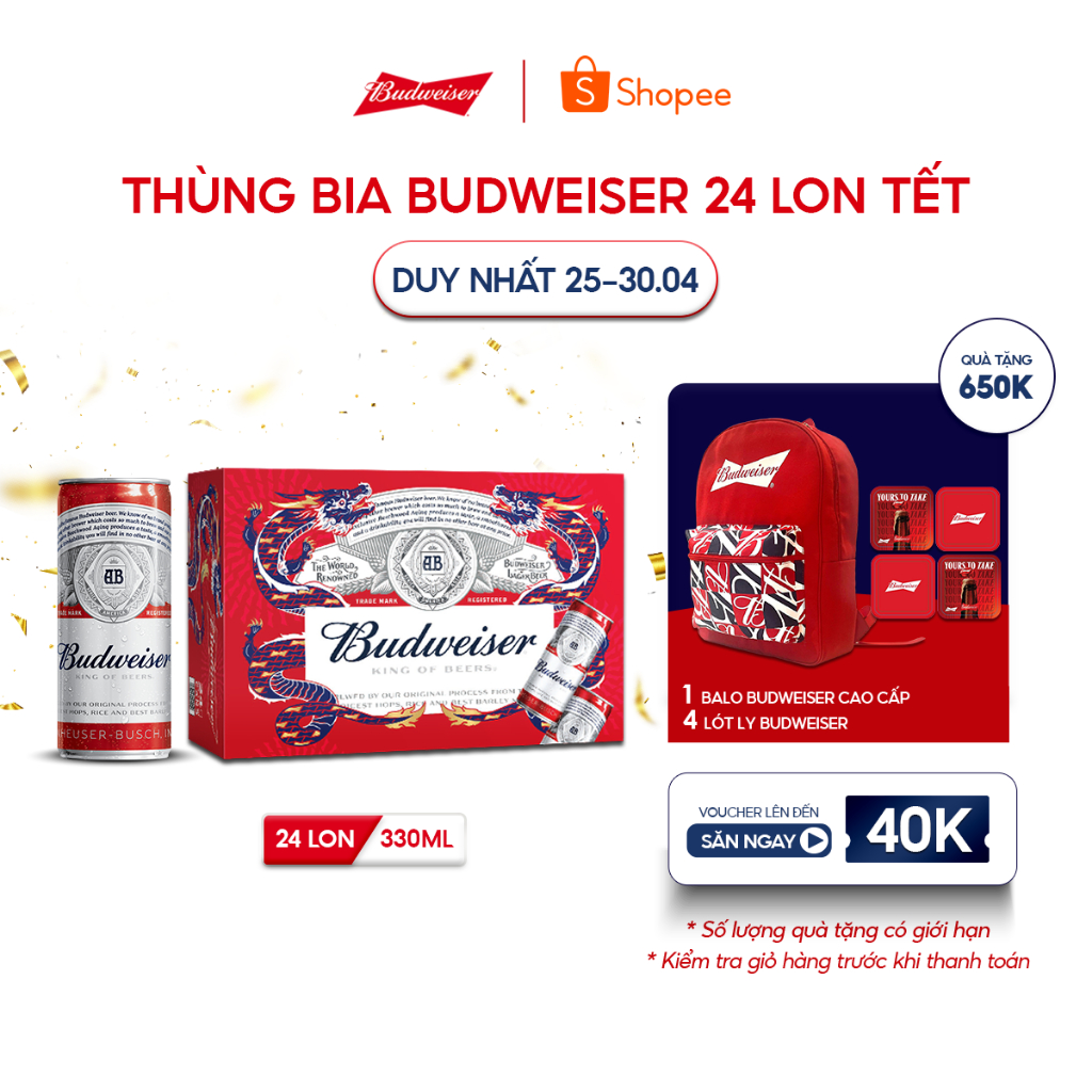 Thùng 24 Lon Bia Budweiser Sleek Can Chính Hãng (330ml/ lon) - Phiên Bản Tết 2024