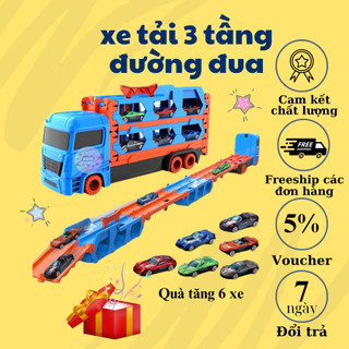 Đồ chơi xe tải 3 tầng biến hình đường đua kèm 6 xe đua nhỏ, mô hình đua xe dài 1.2 đến 1.65m có thể gấp gọn