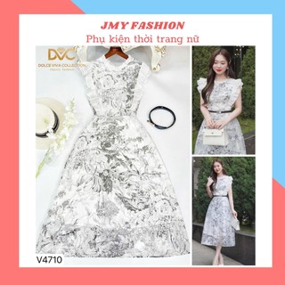 V4710 Váy voan trắng họa tiết bèo vai nữ tính [Dolce Viva Colection (DVC)] đầm voan dáng A dài (tặng kèm đai sang chảnh)