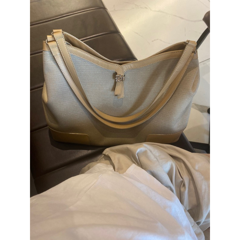 Túi hobo si hiệu Marie Claire canvas phối da màu nâu be like new - secondhand