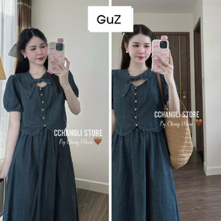 Set áo croptop bò mĩ váy bò suông basic , Sét váy bò đính ngọc cổ nơ dáng dài Midi hottrend Hàn Quốc Guzfashion