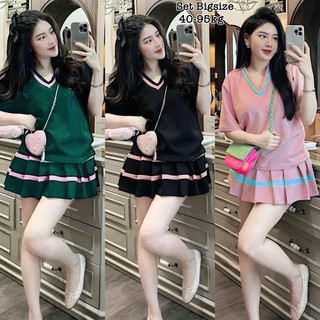 Thời Trang Bigsize - Set Bộ Váy Bigsize Thun Tăm Cổ Tim Hot Hit Nữ, Chân Váy Xòe Xếp Ly Cao Cấp Sang Chảnh 45-95kg 2201