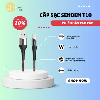 Cáp sạc Sendem T10 Wind Tech dây dù sạc chuẩn 6A sạc nhanh an toàn chống nóng máy sạc nhanh bảo vệ điện thoại