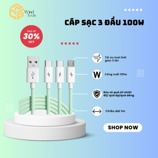 Dây Cáp Sạc Nhanh 66w Wind Tech 3 Đầu Bọc Dù Bền Đẹp Nhiều Màu chống rối an toàn bảo vệ điện thoại