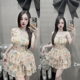 Váy tơ 2 dây chun eo 3 tầng - V007