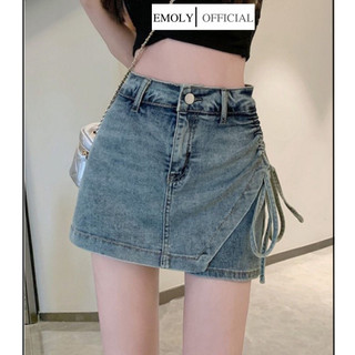 Chân váy denim lưng cao phối dây rút thắt nơ, Chân vậyen ngắn dễ phối đồ cho nữ