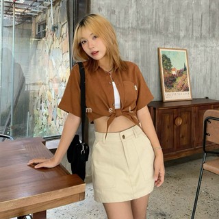 ÁO SƠMI CROP NHUNG TĂM CỘT EO