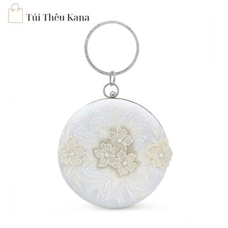 Túi áo dài, túi cốp dự tiệc, túi hộp tròn thêu hoa mai màu trắng trang nhã sang trọng