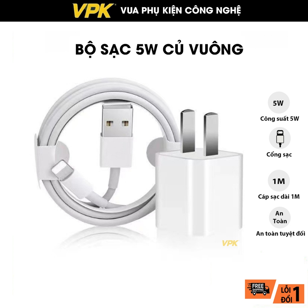 Bộ sạc 5W củ vuông, củ sạc 5W, cáp sạc cho dòng IP 5/6/7/8/Plus/X/Xmax...