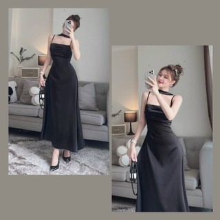 Đầm tuyết nhung 2 dây ôm body dáng dài,quyến rũ,cá tính [kèm dây quấn cổ như hình] ds