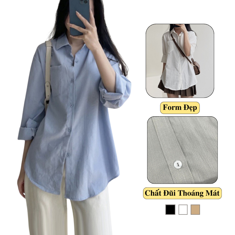 Áo Sơ Mi Trắng Công Sở Madela Tay Dài Cổ Tài Vai Bồng Cách Điệu, Sơ Mi Nữ Trắng Công Sở Tay Dài Cổ Tàu Cơ Bản