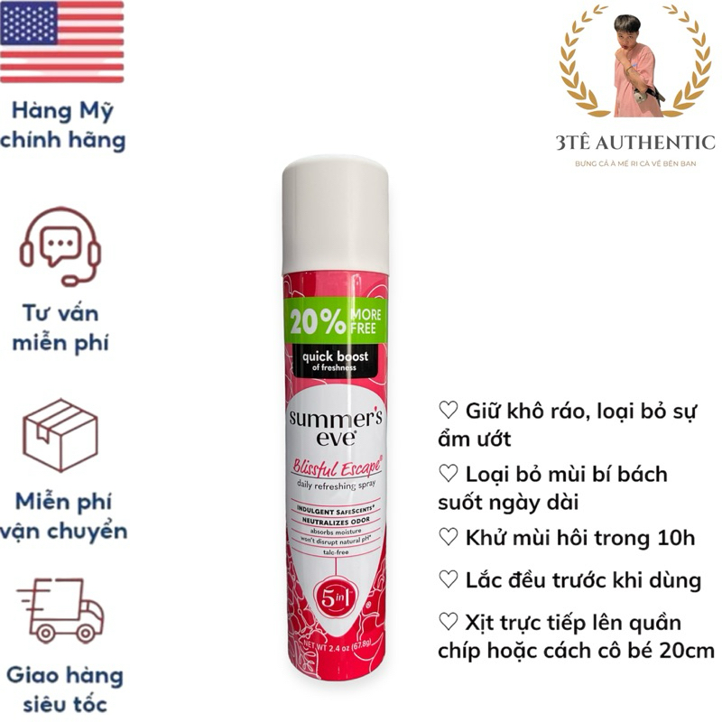 [Mẫu mới nhất- AUTH] Xịt thơm vùng kín Summer's Eve, chăm sóc phụ khoa, vệ sinh, hút ẩm, khử mùi vùng kín phụ nữ.