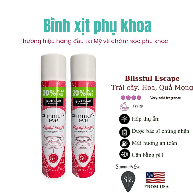 [Mẫu mới nhất- AUTH] Xịt thơm vùng kín Summer's Eve, chăm sóc phụ khoa, vệ sinh, hút ẩm, khử mùi vùng kín phụ nữ.