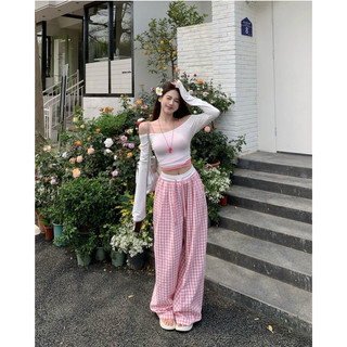 Set áo croptop 2s + áo thun croptop tay dài kèm quần ống rộng caro