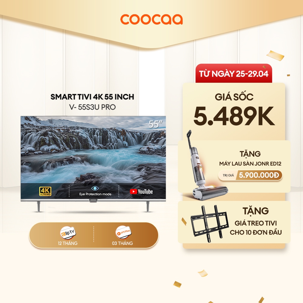 [Nhập Mã  giảm ELCCVVIP4 giảm 1 700K] SMART TV 4K COOCAA 55 inch viền mỏng- Youtube - Model 55S3U-Pro - Lắp Đặt Miễn Phí