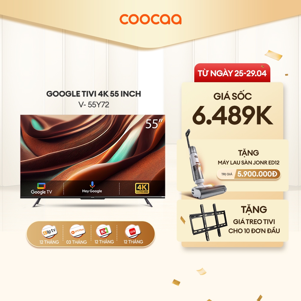 [Nhập Mã  giảm ELCCVVIP4 giảm 1 700K] Google Tivi Coocaa 4K 55 Inch - Model 55Y72 - Miễn Phí Lắp Đặt