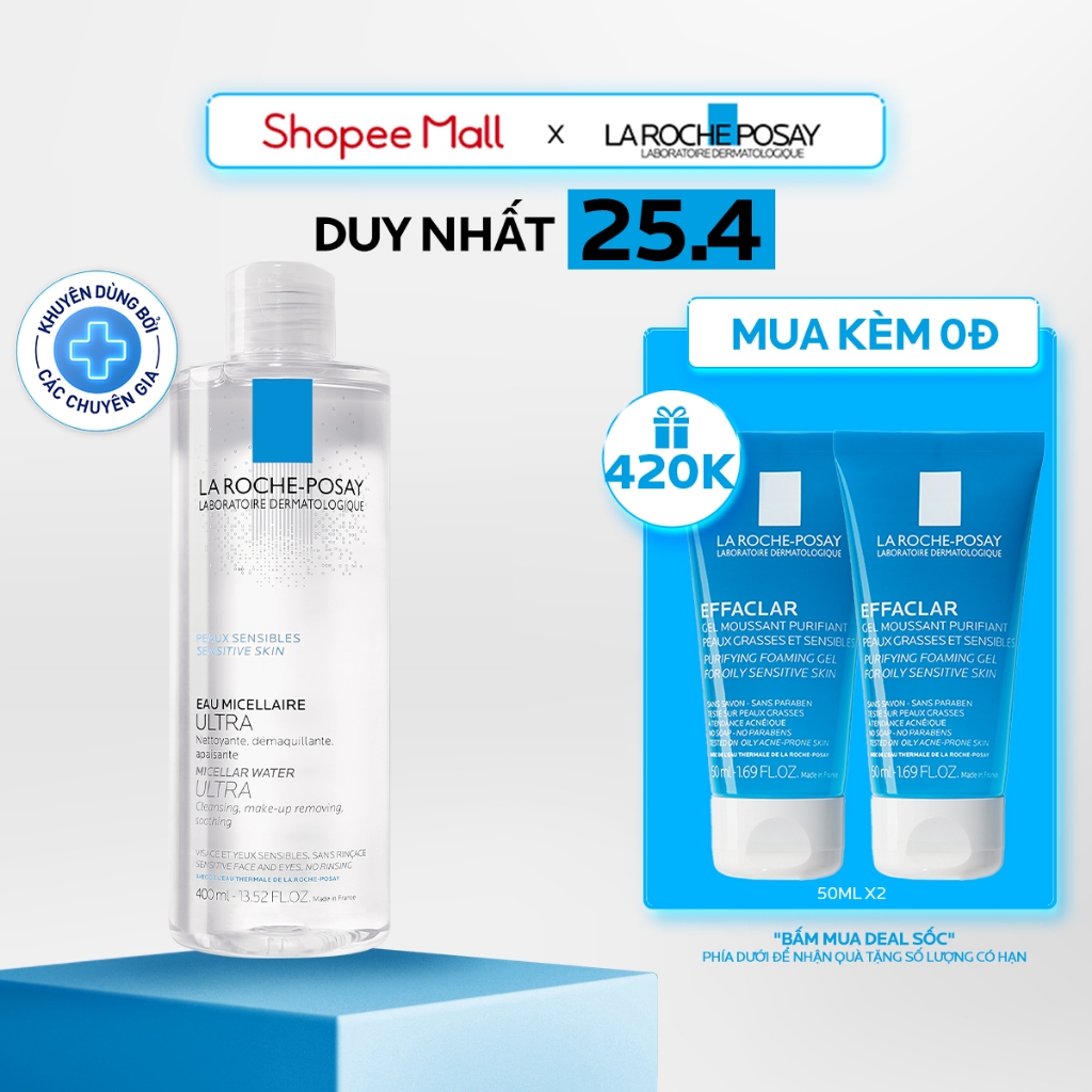 Nước làm sạch sâu và tẩy trang cho da nhạy cảm La Roche-Posay Micellar Water Ultra Sensitive Skin 400ml