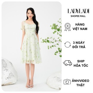 Váy hoa xanh LADYLADI chất tơ mềm mại, nhẹ nhàng DA209