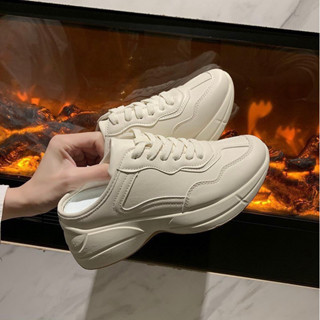 Giày sục thể thao nữ 5 phân trắng kem,Sục da nữ đơn giản độn đế hàng quảng châu cao cấp full box