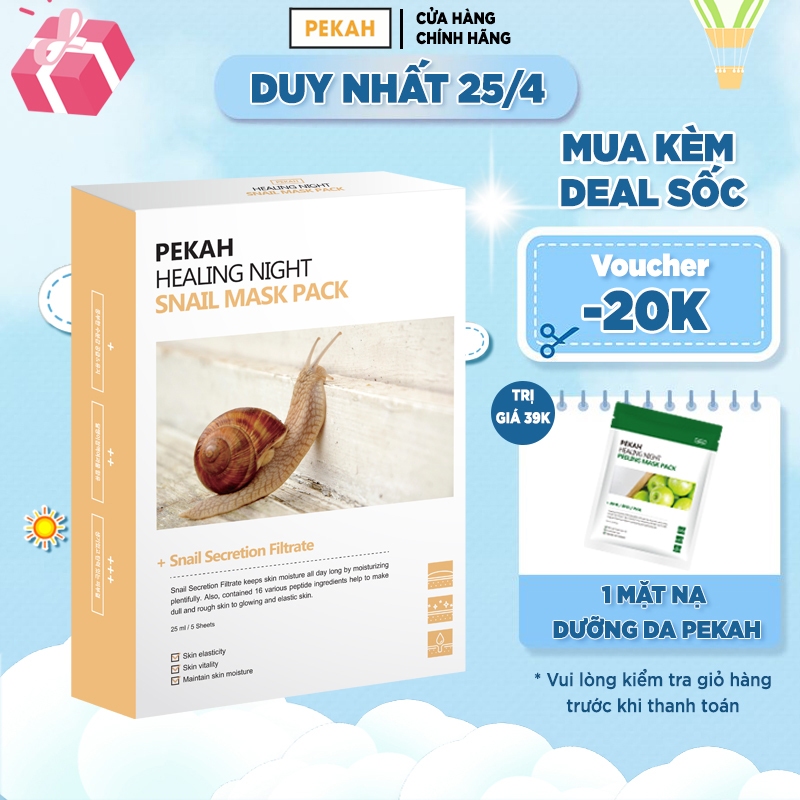 Hộp Mặt Nạ 5 Miếng Cấp Ẩm Giúp Phục Hồi Và Tái Tạo Da PEKAH Healing Night Snail Mask Pack 25ml/5sheets