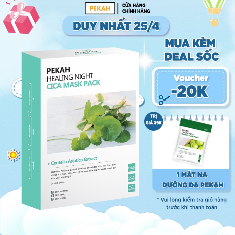 Hộp Mặt Nạ 5 Miếng Dưỡng Ẩm Giảm Mụn Và Thâm Chiết Xuất Rau Má PEKAH Healing Night Cica Mask Pack 25ml/5sheets