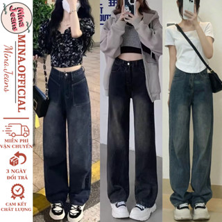 Quần Jean nữ ống rộng CẠP CAO MinaJeans, Quần Bò jeans nữ đen xám phong cách Retro Ulzzang 2023