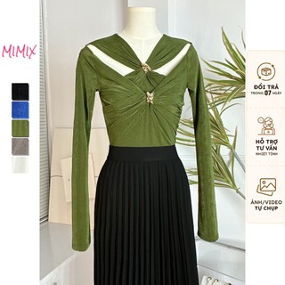 Áo Kiểu Nữ MIMIX Cổ Chữ V Phối Khoen Đôi Tay Dài 5 Màu Trơn Chất Thun Nhũ EB3130