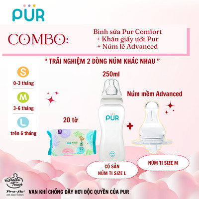 Bình sữa Pur Comfort + núm mềm Advanced + khăn 20 tờ