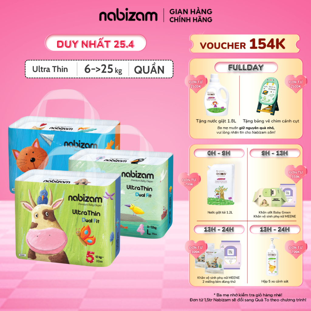 Combo 3 Tã/Bỉm Quần NABIZAM Ultra Thin Nội Địa Hàn, Mềm Mại, Mỏng Nhẹ An Toàn Cho Bé, Đủ Size Cho Bé Từ 6-25kg