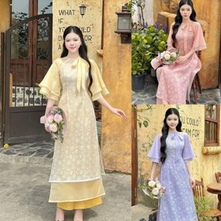 Áo Dài Bigsize Cách Tân Nữ Cho Mùa Hè Cổ Yếm Tơ Hoa Nhí Tay Bèo AH106