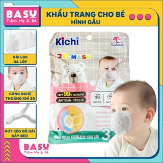 Khẩu trang trẻ em hình gấu Kichilachi set 3 chiếc chống bụi, có thể tái sử dụng