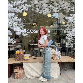 ✿ áo thun crop trắng đính nơ trắng ✿ quần jeans xanh lận ống ✿