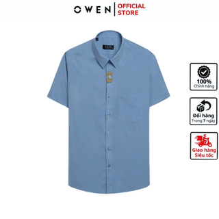 Áo sơ mi ngắn tay nam OWEN AR240040NT somi công sở cao cấp vải sợi tre màu xanh nhạt dáng suông tà lượn có túi